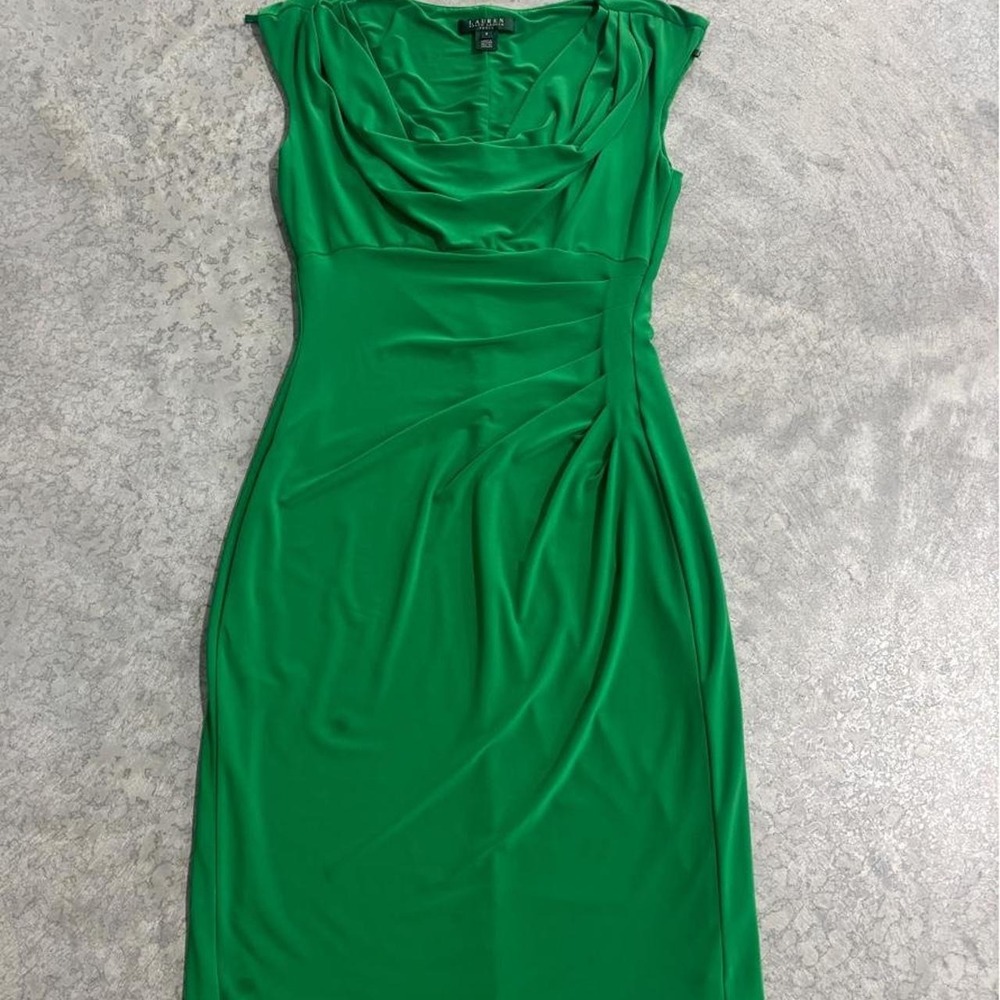 Lauren Ralph Lauren Green Ruched Midi Dress Women's Size 8 Stains Pictured